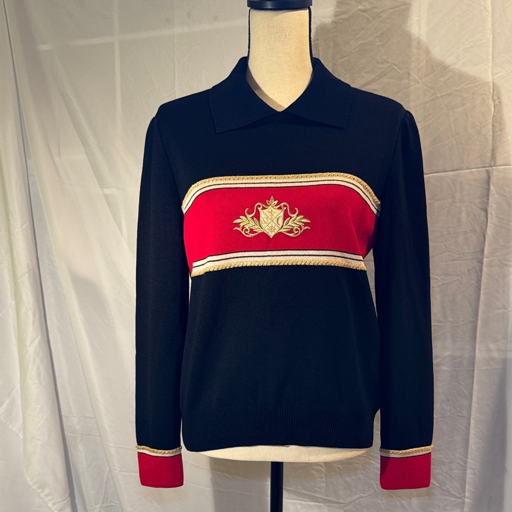 St. John Collection Black Sweater with Red and Gold Accents